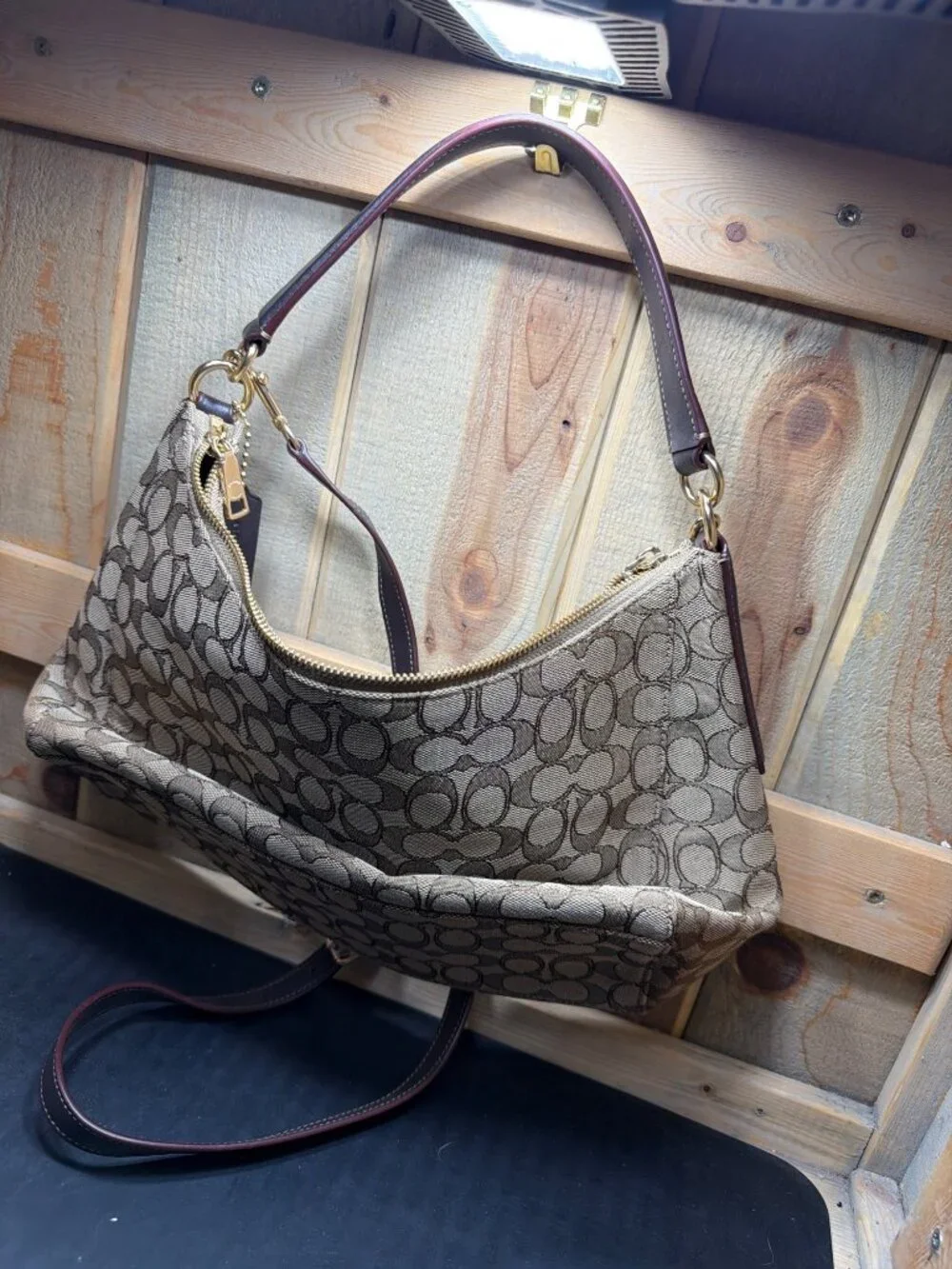 Coach F58284 Signature Jacquard Khaki Brown Hobo Crossbody Shoulder Bag Women